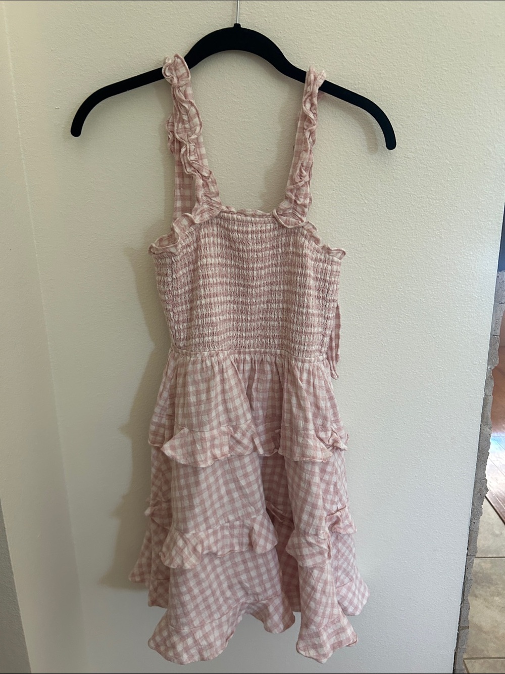 Girls Pink Gingham Ruffle Sundress with Smocked Bodice
